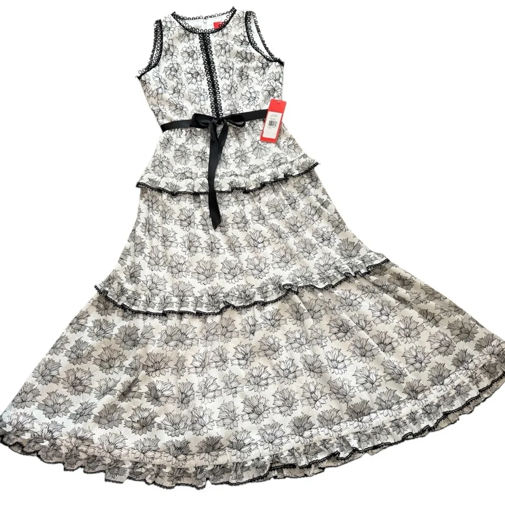 Monique Lhuillier A-Line Cocktail Dress, White/Black, Floral Women's 8 - Picture 2 of 16